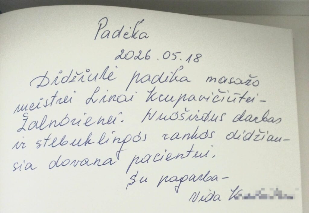 Ranka rašyta klientės padėka apie masažo patirtį KŪNO DARNOJE
